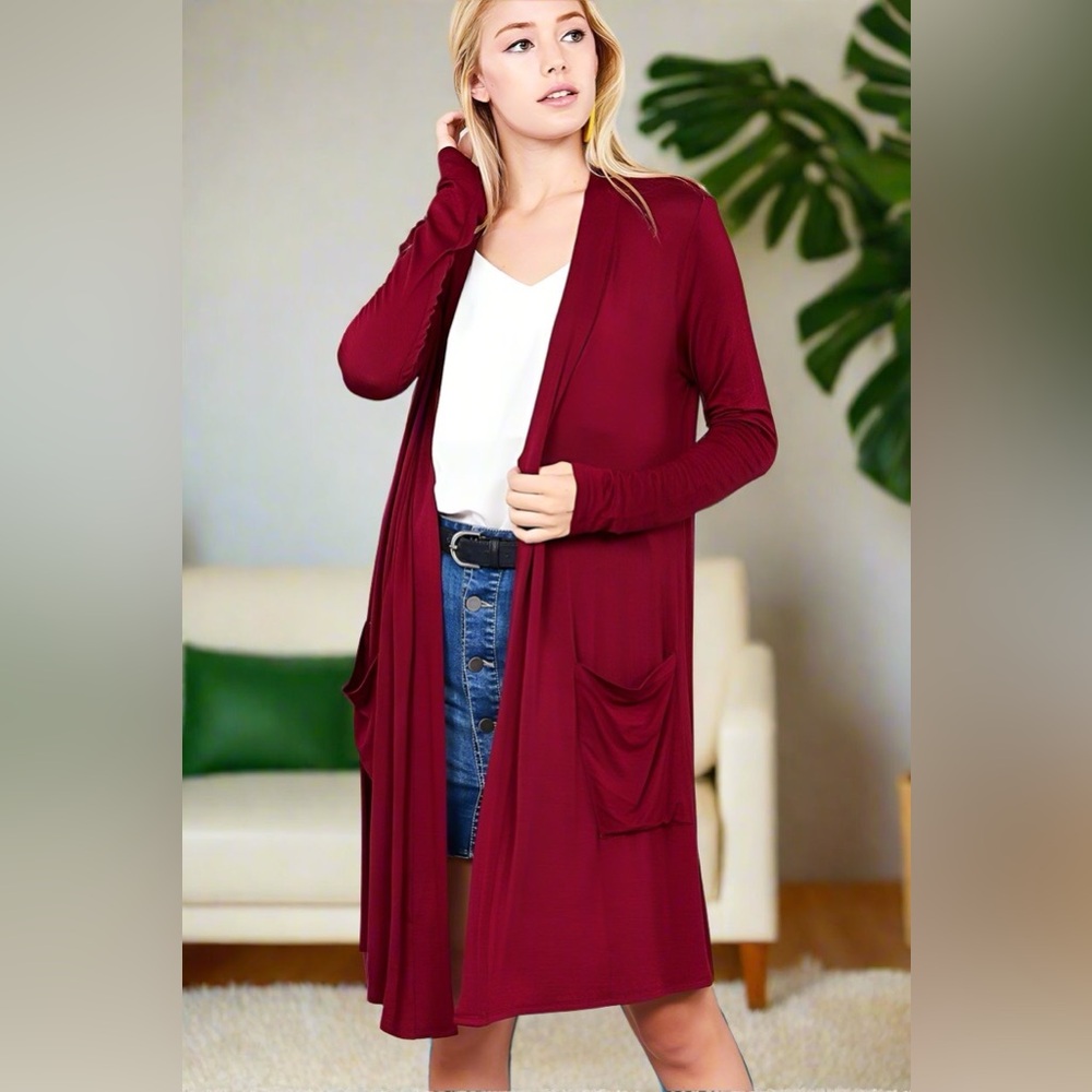 Small NEW Womens Maroon Pocket Cardigan Long Duster - Picture 4 of 4